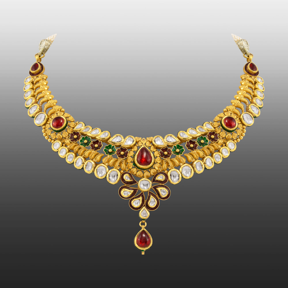 Traditional Necklace with Polki, Red & Green Enamel